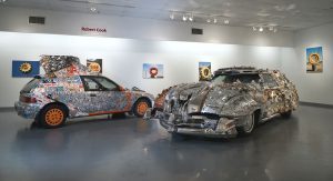 (left) Joe Hale Haden, "Wendell" & (right) David Best, "Milan Car": "Celebration of Art Cars", 20th Anniversary of the Art Car Museum, installation view, 2018